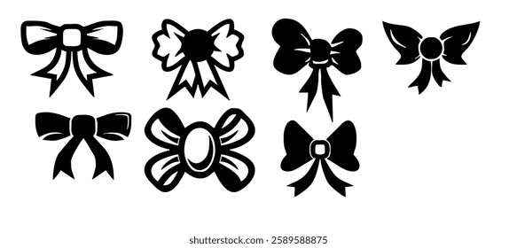 Set of bows. Silhouette icons with elegant ribbons and ties. Wedding Party Stickers and Birthday Party Decorations in Handmade Style. Cartoon flat vector isolated on white background