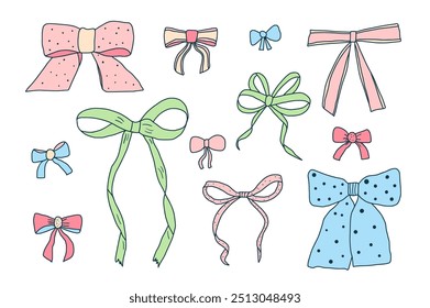 Conjunto de arcos. Kit de banda de seda. Coquette estética. Desenhado à mão vetor Bowknot doodle coleção ilustração isolado no fundo branco.