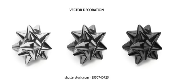 Set of bows silver, grey and black color metallic with shadow on isolated white background. Realistic vector decoration for holiday