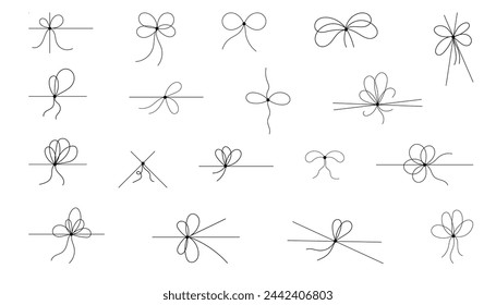Conjunto de lazos y cinta de línea simple. Colección Bow on String, diseño de líneas y esquinas. Bowknot para paquete o carta, agenda planificador decente. Ilustración vectorial aislada en blanco