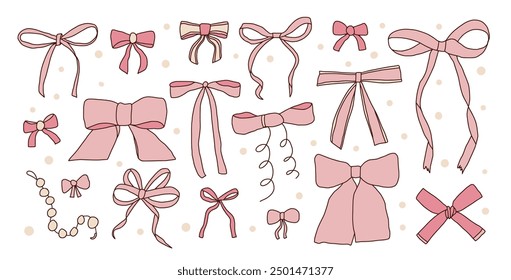 Set of bows. Vector hand drawn dowknot collection illustration isolated on white background.