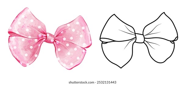 Set of bows. Vector illustration of pink and outline tied bow. Polka dot ribbon