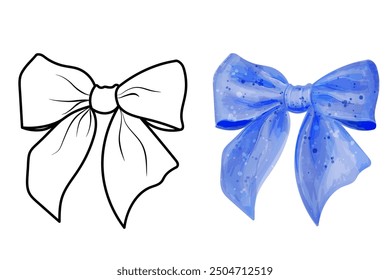 Set of bows. Vector illustrations of blue and outline tied bow