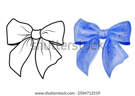 Set of bows. Vector illustrations of blue and outline tied bow
