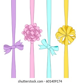 set of bows and vertical ribbons on white. hand drawn vector illustration