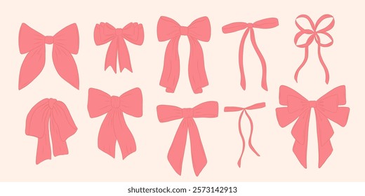 Set of bows in vintage style. Doodle bows. Design elegant pink elements