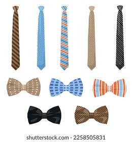 Set of bowties and neckties on white background