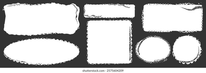 Set of box brush frames with rough shapes. Grunge square text box elements painted with a rough texture. Hand-drawn crayon-style grunge brush rectangle text borders. Vector illustration. 