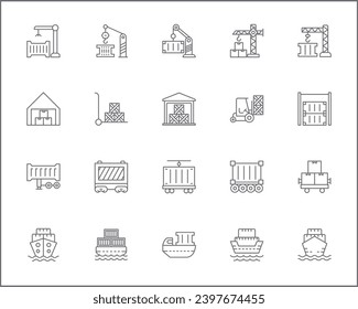 Set of box and container line style. It contains such as open box, package, wooden crate, cargo, logistics, port, packaging and other elements.