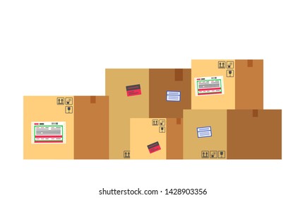 Set of box containing product vector, isolated delivering container with fragile emblem and adhesive tape flat style. Delivery and shipment of cargo, empty package boxing