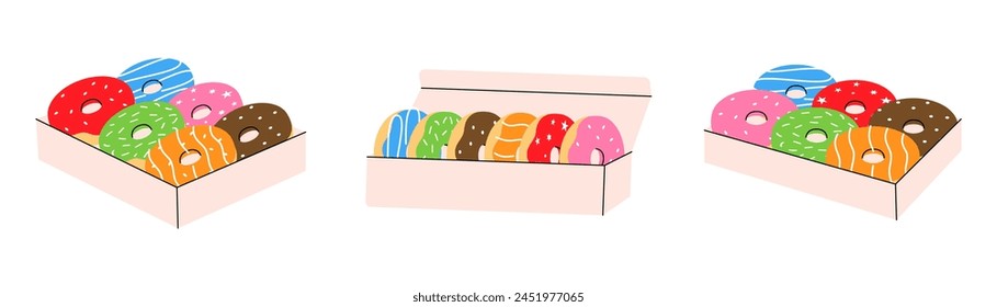 Set of box donuts. Bakery sweet pastry food. Vector illustration.