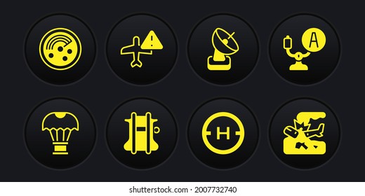 Set Box flying on parachute, Aircraft steering helm, Parachute, Helicopter landing pad, Radar, Warning aircraft, Plane crash and with targets monitor icon. Vector