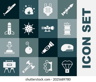 Set Box flying on parachute, Military beret, Hand smoke grenade, Bulletproof vest, Naval mine, Rocket, Submarine and Sniper optical sight icon. Vector