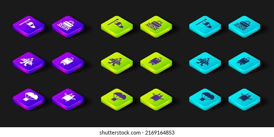 Set Box flying on parachute, Trolley for food, Jet fighter, Suitcase, Conveyor belt with suitcase and Cone meteorology windsock icon. Vector