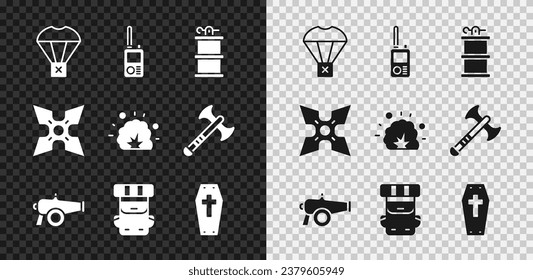 Caja fija volando en paracaídas, Walkie talkie, granada de humo de mano, cañón, mochila de senderismo, ataúd con cruz, ninja shuriken japonés e icono de explosión de bomba. Vector