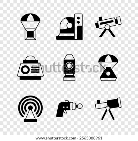 Set Box flying on parachute, Astronaut helmet, Telescope, Radar, Ray gun, Space capsule and Rocket ship icon. Vector