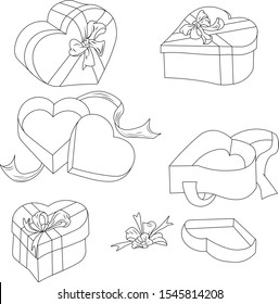 Set box in the form of a heart. Box view from the side, top, open, closed. Gift with a ribbon. Boxes gifts for holidays: New Year, birthday, Valentine Day. Romantic gift. Black and white illustration