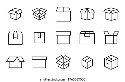 Conjunto de iconos de caja en estilo moderno de línea delgada. Símbolos de paquetes de esquema negro de alta calidad para el diseño de sitios web y aplicaciones móviles. Pictogramas lineales simples de cartón de madera sobre un fondo blanco.