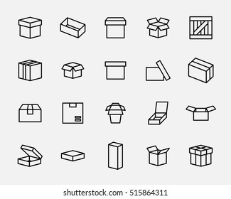 Set von Box-Icons im modernen, dünnen Stil. Hochwertige schwarze Umrisssymbole für Webdesign und mobile Apps. Einfache Piktogramme mit linearen Holzkisten auf weißem Hintergrund.