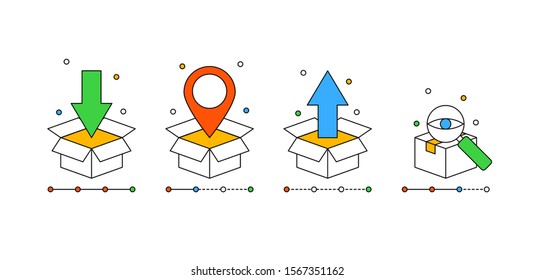 Set of box icons for order tracking concept in modern outline style for online delivery service, landing page design or application. Vector concept on a white background