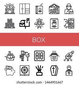 Set of box icons such as Bank, Boxes, Closet, Mailbox, Juice box, Surprised, Warehouse, Corn, Postman, Online banking, Ship, Piggy bank, Paperboy, Pizza box, Blister pack ,