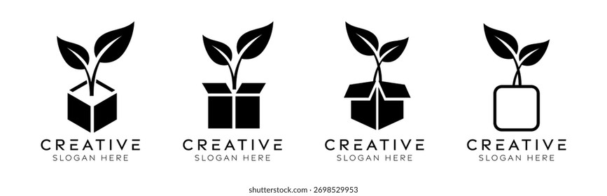 Conjunto de Plantillas de diseño de logotipo de plantas de caja. Caja aislada moderna con diseño de plantas para el medio ambiente, la logística y el embalaje.