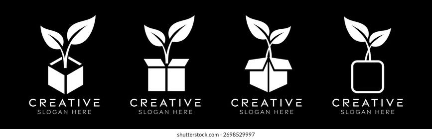 Conjunto de modelos de design de logotipo de plantas de caixa. Caixa isolada moderna com design de plantas para eco-friendly, logística e embalagem.