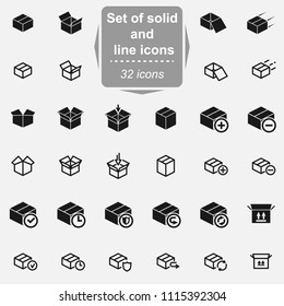 Set of box solid and line vector icons.
