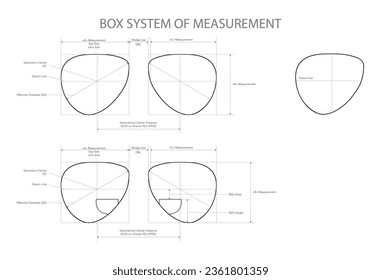 Set of Box System of Measurement of lens glasses Eye frame fashion accessory technical illustration. Sunglass style, flat spectacles eyeglasses sketch style outline isolated on white background