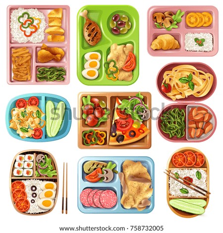 Set of boxed lunches in plastic colorful containers with italian, asian, vegetarian food isolated vector illustration  