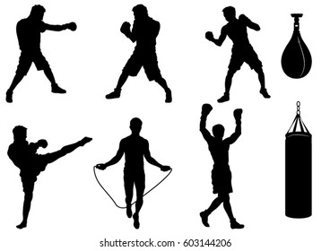 Set of Boxer Silhouettes in Action  - Vector Illustration