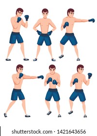 Set of boxer in sports pants with boxing gloves punching training cartoon character design flat vector illustration isolated on white background