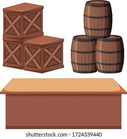 Conjunto de cuadros y barriles en la ilustración de fondo blanco
