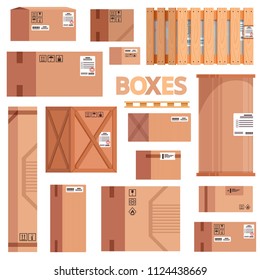 Set of boxes, cargoes and boxes for sending and carriage with markings. Vector cartoon illustration