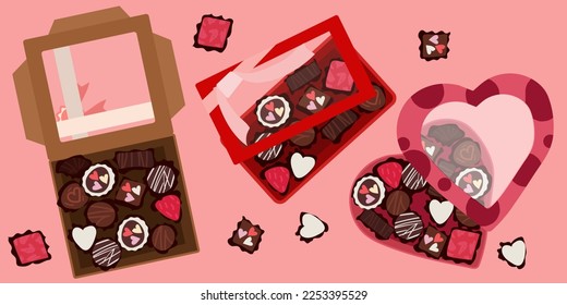 A set of boxes of chocolates on a pink background. A box in the form of a heart, a square and a rectangle. Various kinds of boxes for a beautiful gift for Valentine's Day, Mother's Day, birthday.