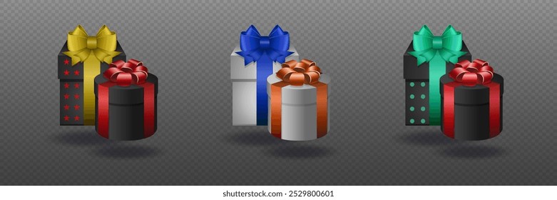 Set of boxes.
Christmas gifts with a beautiful bow and ribbon. On a transparent background.