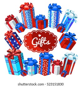 A set of boxes with Christmas gifts isolated on white background. Sample of the poster, party invitation and other cards. Vector illustration.