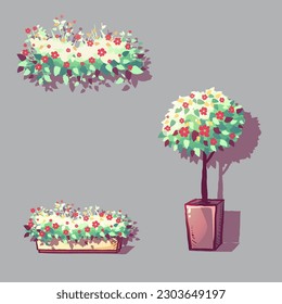 Set of boxes with colorful flowers in flower pots. Vector illustration. Summer bright flowers with leaves
