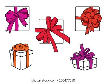 Set of boxes with colorful ribbon bows