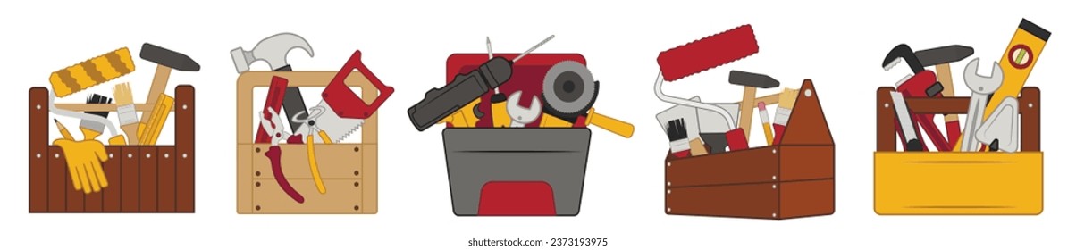 Set of boxes with construction tools on white background