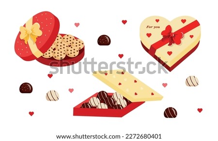 Set of boxes with delicious candies, cookies in cartoon style. Vector illustration of sweet round, square and heart-shaped boxes with bows and chocolate candies, cookies isolated on white background.