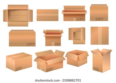 Conjunto de caixas em desenho animado plano. Uma variedade de caixas de papelão exibidas em diferentes estilos e orientações ideais para as necessidades de remessa e embalagem. Ilustração vetorial.