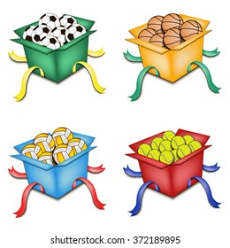 Set of boxes with football, basketball,  volleyball  and tennis balls. Vector illustration