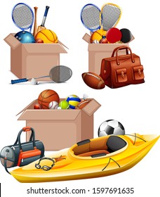 Set of boxes full of sport equipments on white background illustration