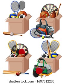 Set of boxes full of sport equipments on white background illustration