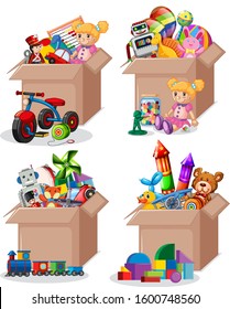 Set of boxes full of toys illustration