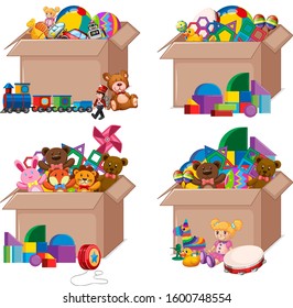 Set of boxes full of toys on white background illustration