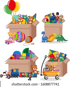 Set of boxes full of toys on white background illustration