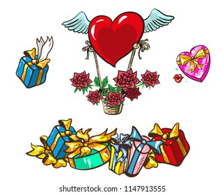 Set boxes with gifts and basket with winged heart and roses, pop art retro vector illustration. Holiday, birthday, Valentine day and Christmas