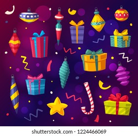 Set of boxes with gifts. Cartoon vector illustration. New Year, Christmas concept. Cute surprise. Holidays pattern 